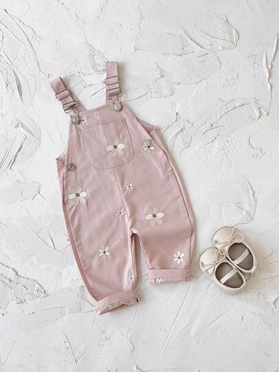 Baby Girls' Casual Allover Embroidered Floral Light Blue Suspender Pants, Summer