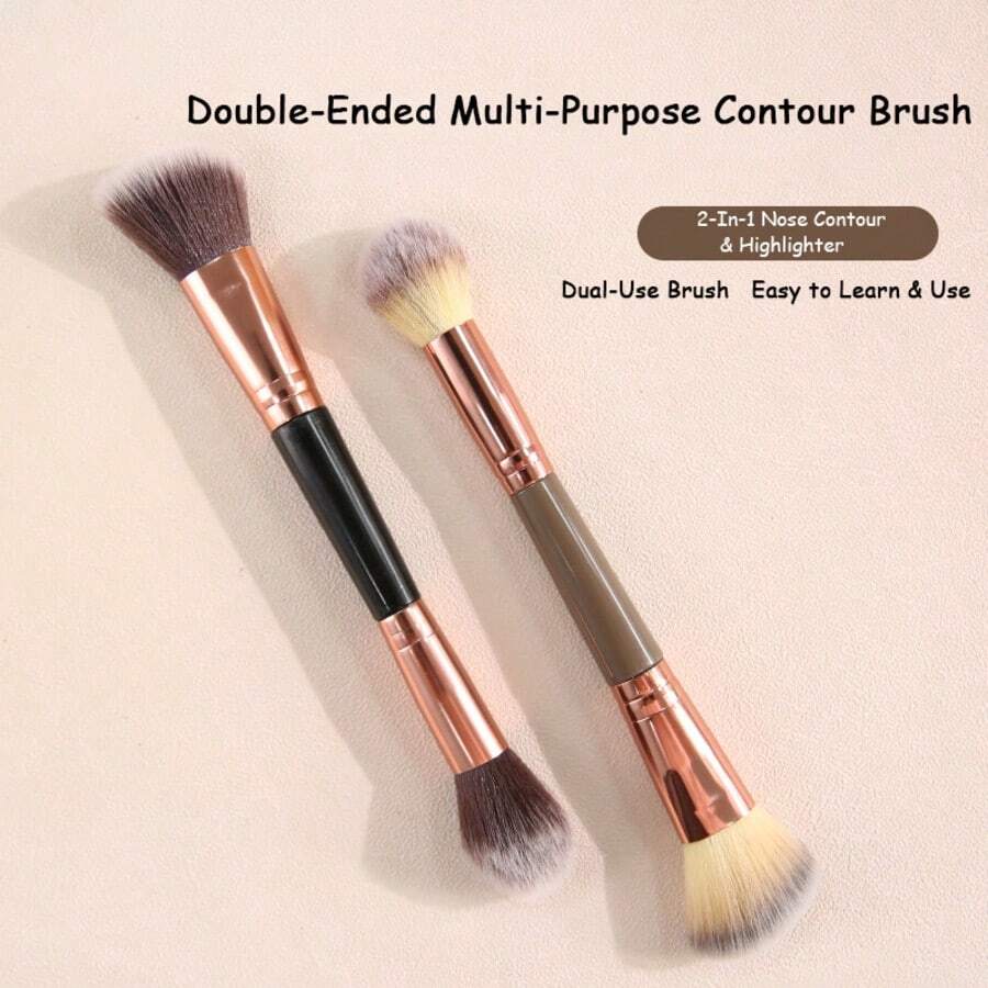 فرشاة تحديد الوجه ذات طرفين 2 في 1 - شعيرات ناعمة ذات طرف مائل، قطعة واحدة للخدود والبرايتنر، أداة مكياج جديدة