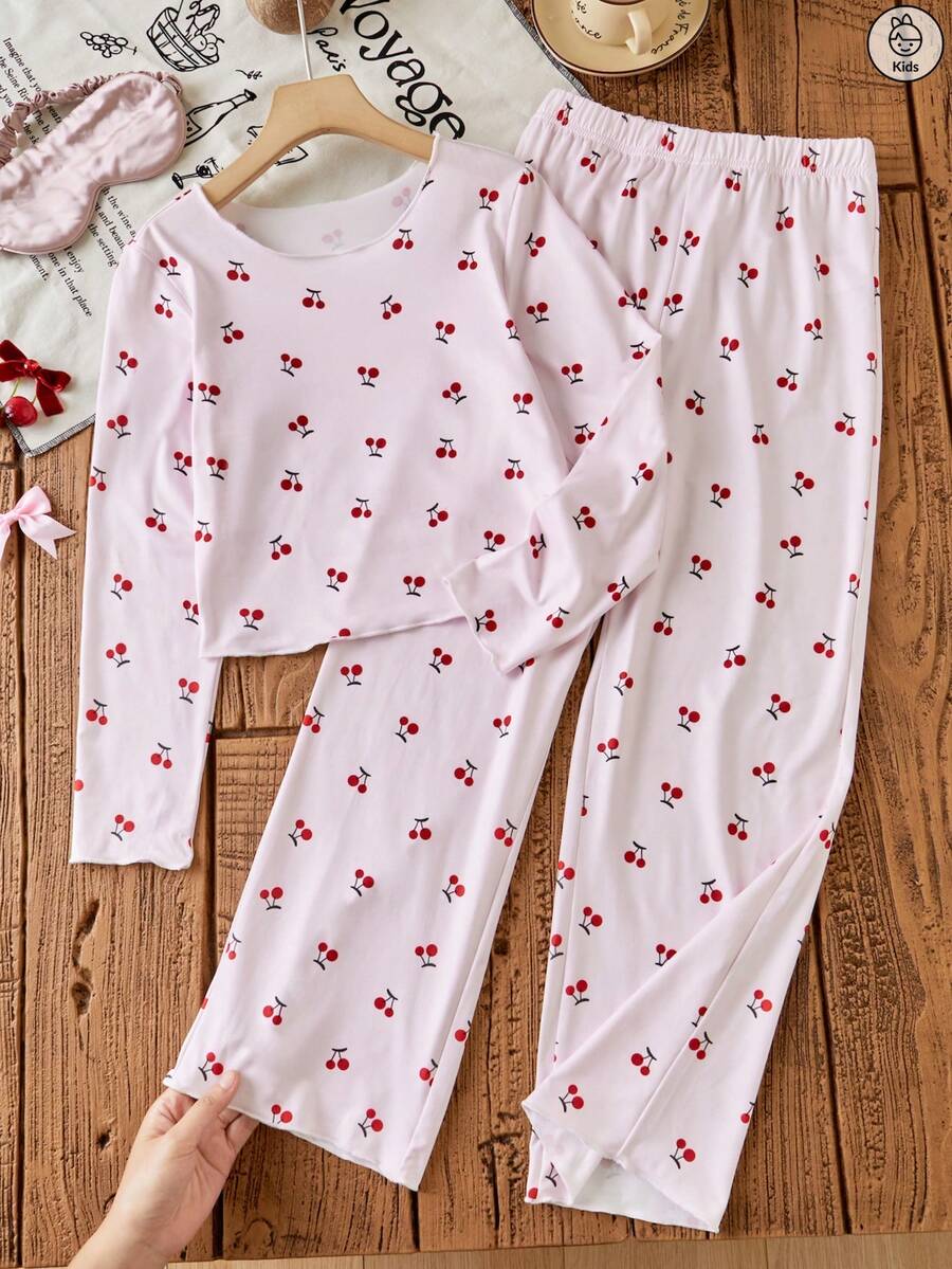 甜美少女樱桃印花家居服套装，时尚优雅的圆领长袖休闲裤两件套，适合春、秋、冬日常居家穿着。 - 淺粉色 - 查看 1