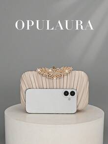 OpulAura 1 件复古优雅缎面褶皱正式派对手拿包，迷人精致的正式活动手提包，奢华盒式小钱包适合派对/婚礼/正式场合，配有可拆卸链条，可肩背或斜挎 - 杏色 - 查看 4