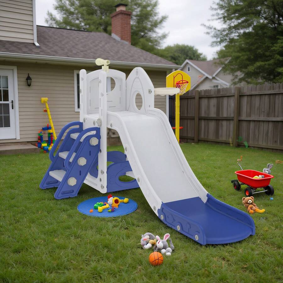 LILIIN 5-In-1 Children's Slide For Toddlers From 1 Year, Indoor And Outdoor, Freestanding Slide Made Of HDPE & PP, With Climbing Ladder, Storage Space, Basketball Hoop And Play Telescope, Up To 50 Kg - Blue and White - View 1