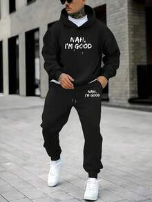 Men's Printed Hoodie And Pants Set , New Autumn And Winter Two-Piece Couple Sweatshirt And Drawstring Casual Pants - 黑色 - 查看 1