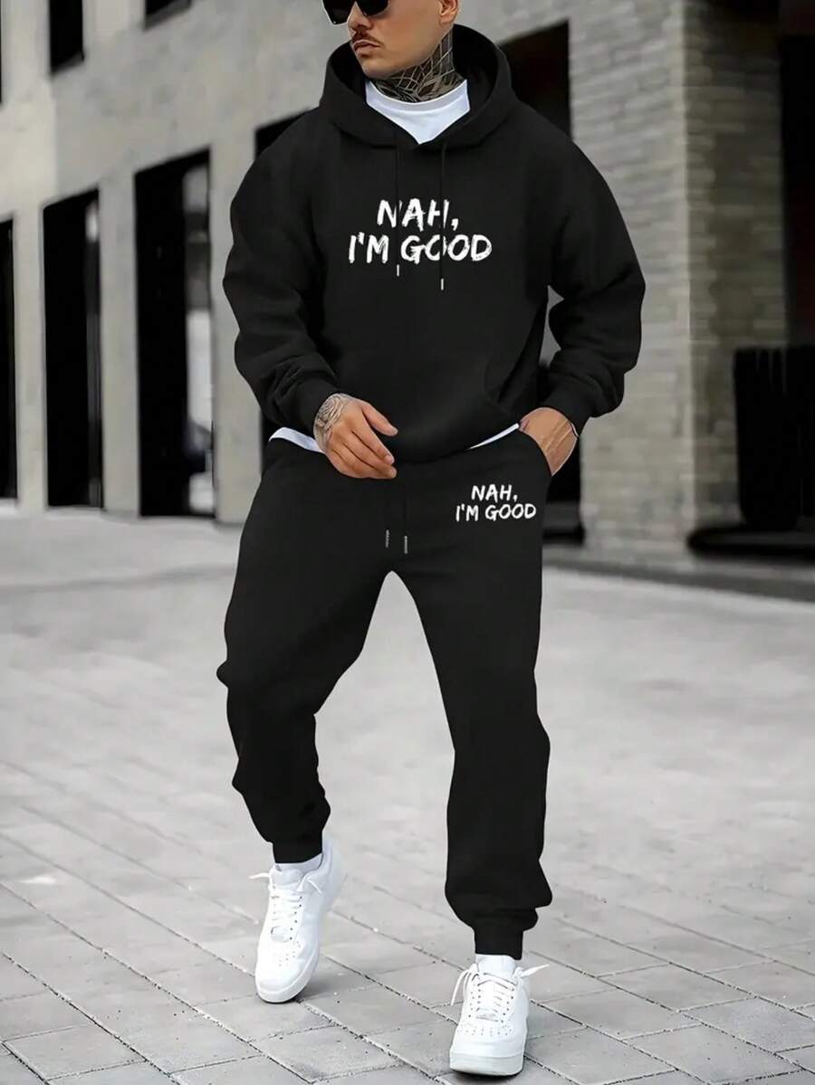 Men's Printed Hoodie And Pants Set , New Autumn And Winter Two-Piece Couple Sweatshirt And Drawstring Casual Pants - 黑色 - 查看 1