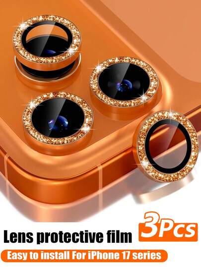 3 piezas Película protectora de lente de cámara para iPhone 17/17 Pro/17 Pro Max/Pro/Promax, Protector de pantalla de vidrio templado 9H con anillo de metal decorativo accesorio (Naranja brillante)