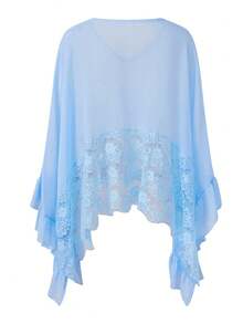 Womens Y2K Lace Patchwork Frill Poncho Tops Solid Color See Through Batwing Sleeve V Neck Ruffle Hem Loose Fit Sheer Mesh T Shirts Blouses Boho Peplum Shawl Shirts Summer Going Out Tops Beach Cover Up Vacation Streetwear - 藍色 - 查看 5