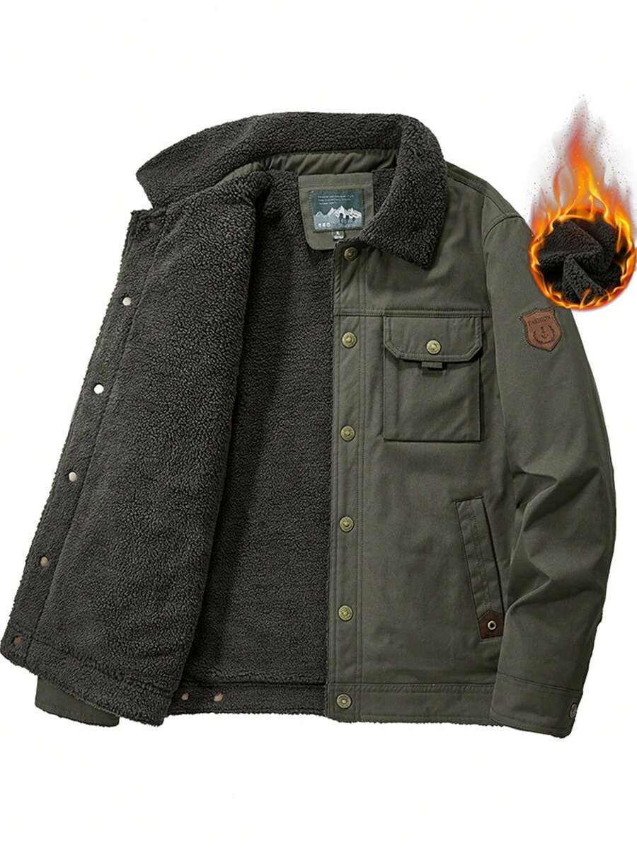 1pc Autumn/Winter Thermal Lined Warm Fur Collar Jacket, New Men's Jacket Outerwear Lapel Casual Versatile Multi-Pocket Jacket, Khaki Jacket Retro Jacket - Army Green - View 1