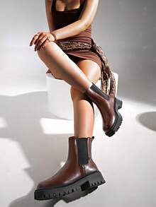 女士新款纯色粗跟短靴，秋冬时尚切尔西靴百搭圆头松紧带踝靴，踝靴和短靴，秋季，棕色，优雅 - 棕色 - 查看 4