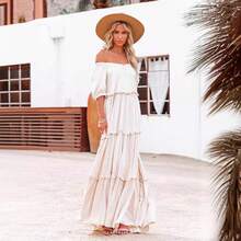 Spring And Summer Elegant Commuting Plus Size French Style Long Dress Off-Shoulder Fairy Fashion Elegant Dress - 白色 - 查看 4