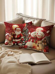 4 件/1 件红色圣诞派对装饰枕套 - 圣诞老人、雪人、圣诞树和驯鹿的节日场景设计，18x18 英寸 | 拉链封口 | 鲜艳的色彩和涤纶材质 | 适用于客厅、房间装饰、沙发和卧室（不含填充物）非常适合圣诞装饰、圣诞派对用品、圣诞礼物 - 彩色 - 查看 6