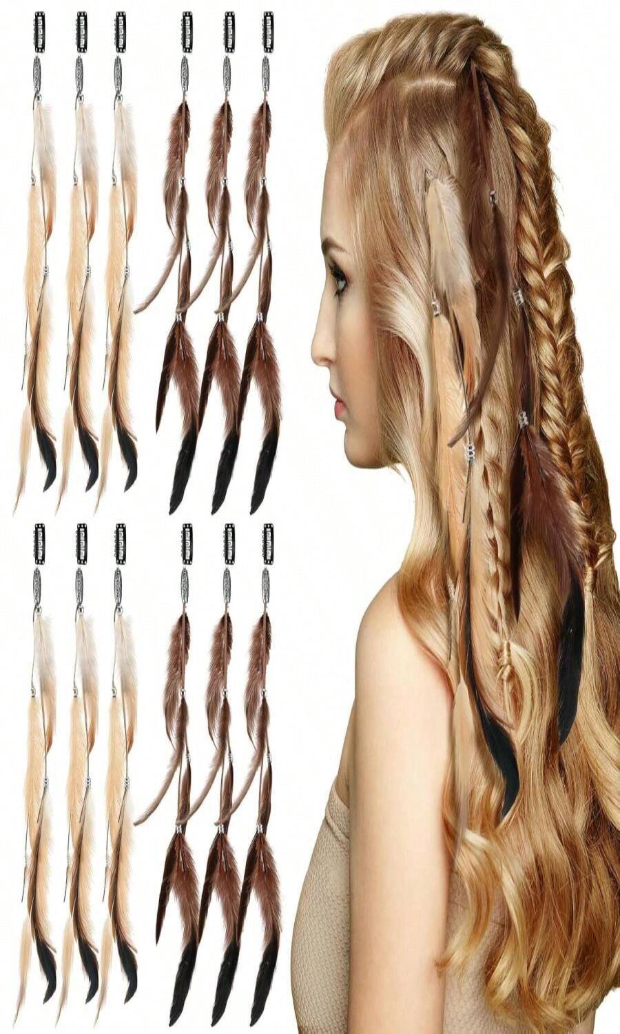 Geyoga 12 Pcs Clip In Hair Feathers Extensions For Women Colored Boho Feather Hair Clips Halloween Cosplay Costume Carnival Party Headdress Accessory Gifts(Dark Coffee, Brown,Standard) - ColorC - 查看 1