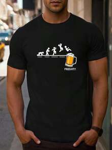 Men's Funny Beer Prints Valentine's Day Shirt, 1 Piece 220gsm Round Neck Casual Heavy Pure Cotton--Shirt - màu đen - Xem 1