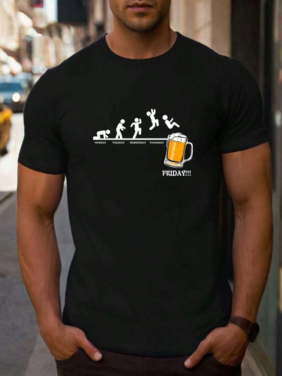 Men's Funny Beer Prints Valentine's Day Shirt, 1 Piece 220gsm Round Neck Casual Heavy Pure Cotton--Shirt - màu đen - Xem 1