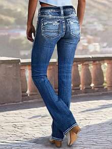 [Stretch Slim Fit]Retro Flare Ripped Jeans Women Mid Waist Elastic Bootcut Pants Fashion Denim Trousers - Dark Wash - View 3
