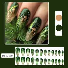 24-Piece Green Leaf Gradual Change Almond Patch Nail Band Glitter With Cute Mushroom Pattern - Green Leaf Gradient Almond-shaped Nails - View 5
