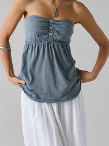 Women Y2k Tube Top Button Sleeveless Backless Strapless Bandeau Cute Aesthetic Summer Going Out Club Party Tank Tops - 灰色 - 查看 3