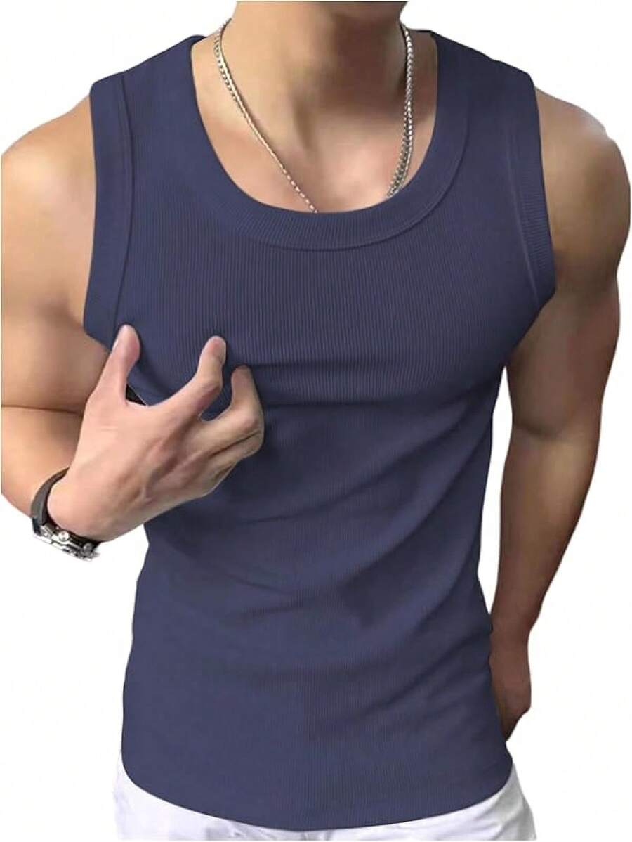 Men's Summer Tank Tops Sleeveless Undershirts Tank Basic Workout Gym Muscle Shirts-2025 - 寶藍色 - 查看 1