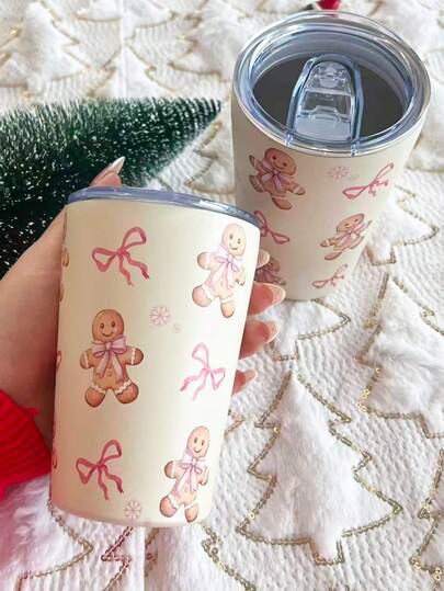 BENNY 350ml/12oz-julkaffemugg, sött pepparkaksgubbemönster med snöflingor och rosettdesign, läckagesäkert glidlock, isolerad resemugg för julklapp, kontor och hemanvändning - festlig julmugg, isolerad mugg med god jul-tema - god jul - juldekorationer