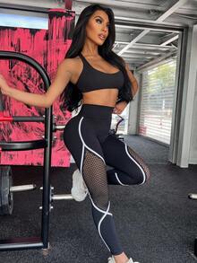 New Sexy Mesh Patchwork Contrast Color High Waist Peach Butt Lifting Yoga Pants, Women Sports Leggings