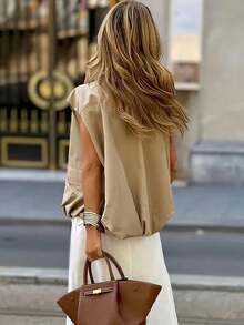 休闲褶裥宽松背心外套，欧美风夏季款 - 卡其色 - 查看 4