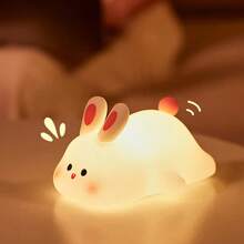 Cute Bunny Nursery Light, Easter Rabbit Squishy Silicone Touch Night Lamp Rechargeable, Kawaii Animal Toddler Room Decor Table Lamp, Child Girl Women Birthday Gift - 大臉兔 - 查看 4