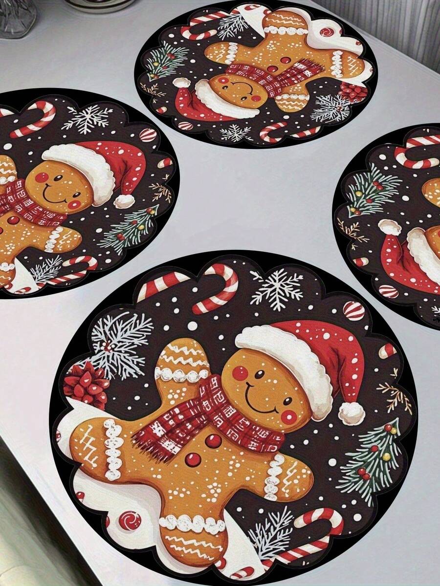 4 Stück Weihnachts-Lebkuchenmann runde hitzebeständige Diatomeen-Erde Untersetzer/Tischsets mit Weihnachtsmann-Mütze und Schal-Design - geeignet für Weihnachts-Esszimmer, Weihnachtsparty-Dekoration, Weihnachtstisch-Dekoration, nur von Hand waschen