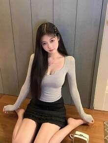 U领长袖修身性感极简主义T恤上衣，女士款，情人节，春夏款 - 淺灰色 - 查看 5