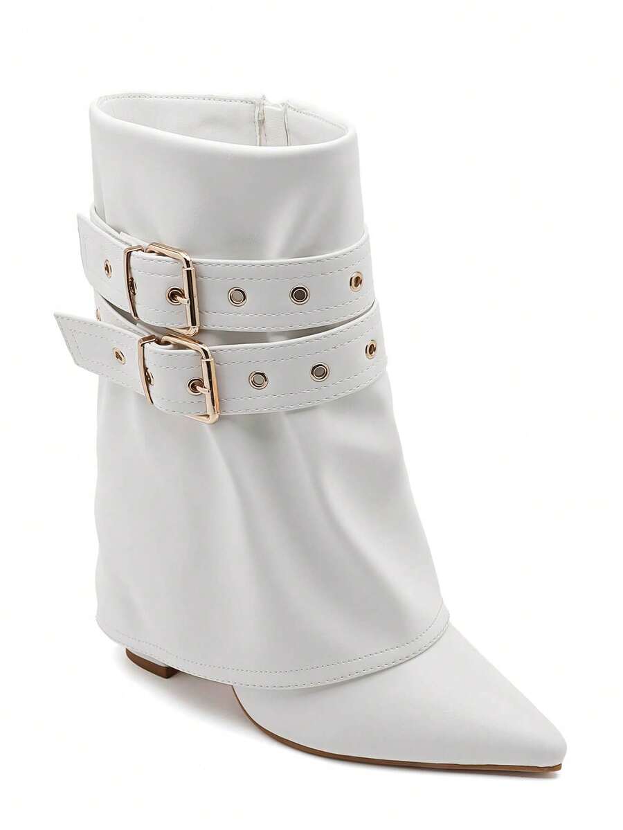 Bottines Femme Talon Bas Avec Doubles Boucles Dorées – Style élégant En Simili Cuir - White - View 1