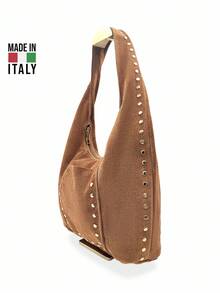 Suede Shoulder Bag With Studs MADE IN ITALY FIRENZE - D06 CUOIO - View 2