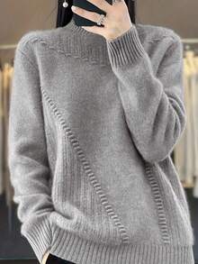 Plus Size Solid Color Casual Turtleneck Long Sleeve Knit Pullover Sweater - Grey - View 1