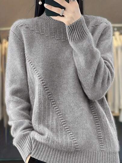 Plus Size Solid Color Casual Turtleneck Long Sleeve Knit Pullover Sweater