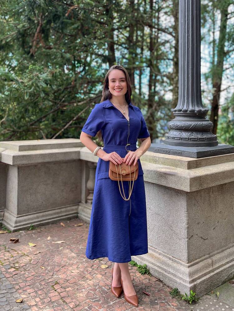 Rivera. Plain Short Sleeve Midi Dress WOMEN'S FASHION Summer - 藏蓝色 - 查看 5