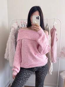 2025秋冬露肩翻领露背针织衫，简约时尚，适合约会和日常穿着，时尚优雅的粉色女装 - 粉色 - 查看 9