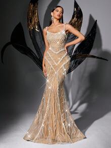 Elisanya 闪亮华丽纯色亮片串珠露背露肩修身礼服 - 香檳色 - 查看 7