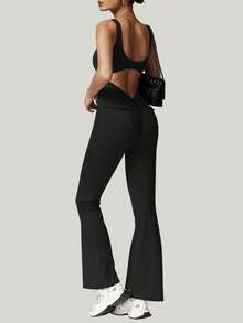 Women Backless Halter Vintage Flare Leg Jumpsuit, Bodycon Jumpsuit Flared Leggings Jumpsuit With Pocket - 黑色 - 查看 4