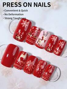 圣诞美甲 24 件短方形圣诞树、雪人、麋鹿、设计法式尖头按压指甲短款完美贴合亚克力假指甲套装，包含 1 件果冻胶和 1 个指甲锉，易于佩戴圣诞美甲和法式尖头指甲，适合女性女孩 DIY 日常工作节日派对使用 - 彩色 - 查看 2