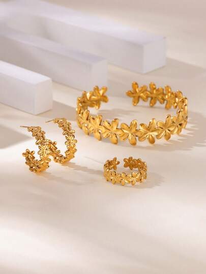 1 pieza Anillo, aretes y brazalete de flor dorada elegante para mujeres, joyería floral de acero inoxidable chapada en oro de 18K, accesorios de moda para damas, regalo para el Día de la Madre, regalos de Navidad para ella (se venden por separado)