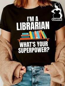 Camiseta gráfica negra de manga corta y cuello redondo de algodón de 180 g para mujer: "Soy bibliotecaria, ¿cuál es tu superpoder?". Camiseta original para amantes de los libros, top informal de lectura veraniega, un regalo literario cómodo para bibliotecarias. - Negro - Ver 2