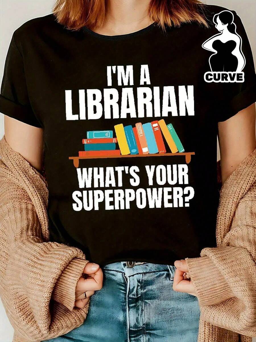 Camiseta gráfica negra de manga corta y cuello redondo de algodón de 180 g para mujer: "Soy bibliotecaria, ¿cuál es tu superpoder?". Camiseta original para amantes de los libros, top informal de lectura veraniega, un regalo literario cómodo para bibliotecarias.