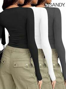 3pcs/Set Women Crew Neck Long Sleeve Plain Solid Color T-Shirt, Slim Fit, Casual Pullover Top, Spring/Autumn