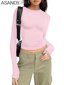 3pcs Set Women Crewneck Long Sleeve Solid Color Basic Tee, Slim Fit Casual Pullover Tops, Spring/Autumn - Multicolor - View 9