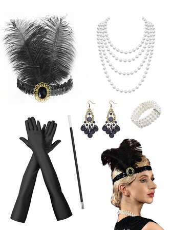 D EXCEED 2/6/7Pcs 1920s Women's Fashion Accessories Set – Flapper Headpiece Headband, Faux Pearl Necklace, Earrings, Bracelet, Gloves – For Great Gatsby Themed Parties, Vintage Wedding Receptions
