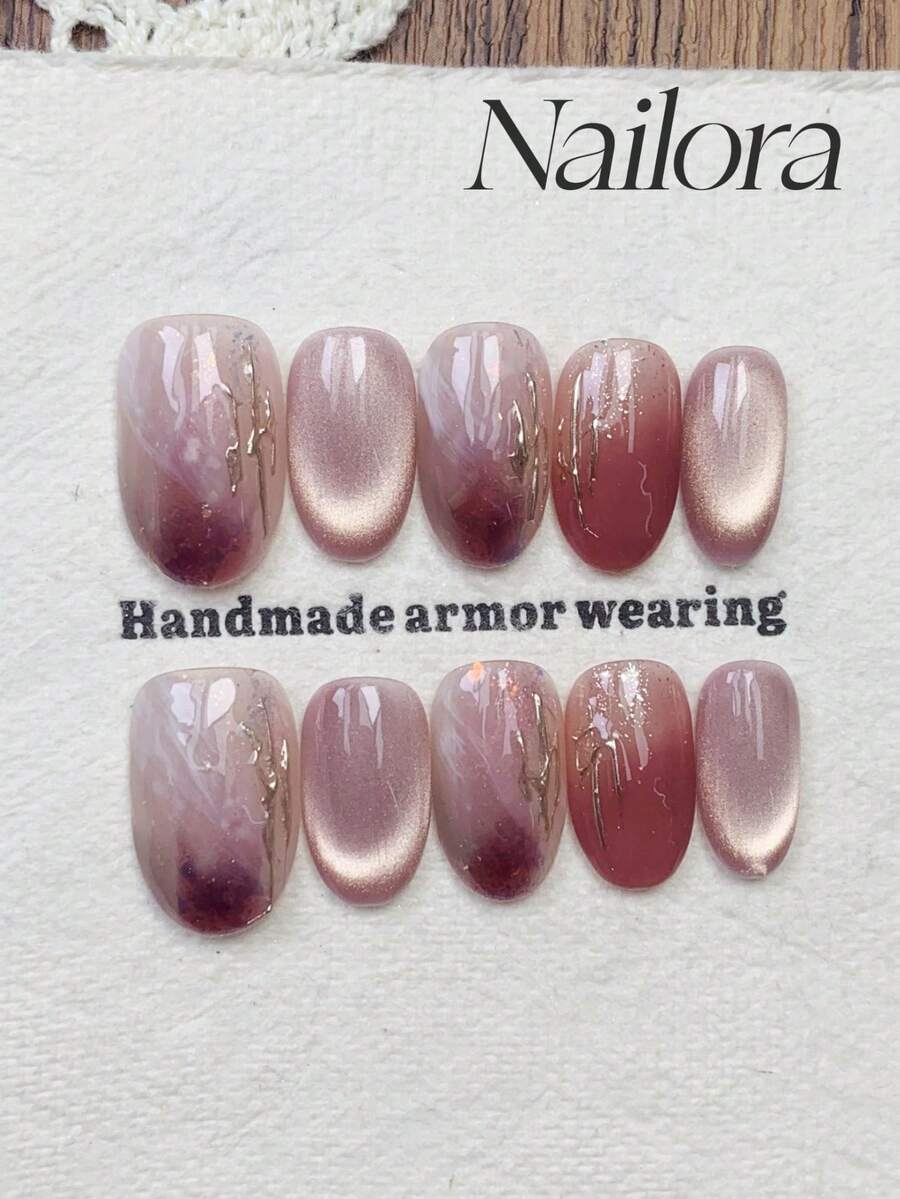 10個 手作り ネイル オーバル型 人工ネイル ショート丈 ネイル、ミニマリズム ピンクオンブレ スマッジグラデーション ネイル、キャットアイ ...