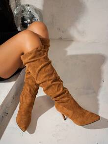 2025 秋冬女士时尚尖头褶皱高跟靴 - 鏽棕色 - 查看 3