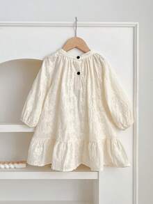 Young Girls Korean Style Embroidery Ruffle Trim Dress - Apricot - View 3