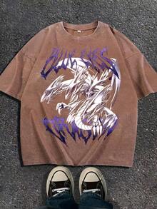 Men Fall Clothes/Fall Clothes For Women Classic Anime White Dragon Pattern Printed Pure Cotton Washed Printed T-Shirt - A Soft And Comfortable Casual Washed T-Shirt With Bold Explosive Artistic Design, Short Sleeves, 100% Cotton, Men Fall Clothes/Fall Clothes For Women/Halloween Is Perfect For Home And Casual Wear - DG004 - Cà phê nâu - Xem 1