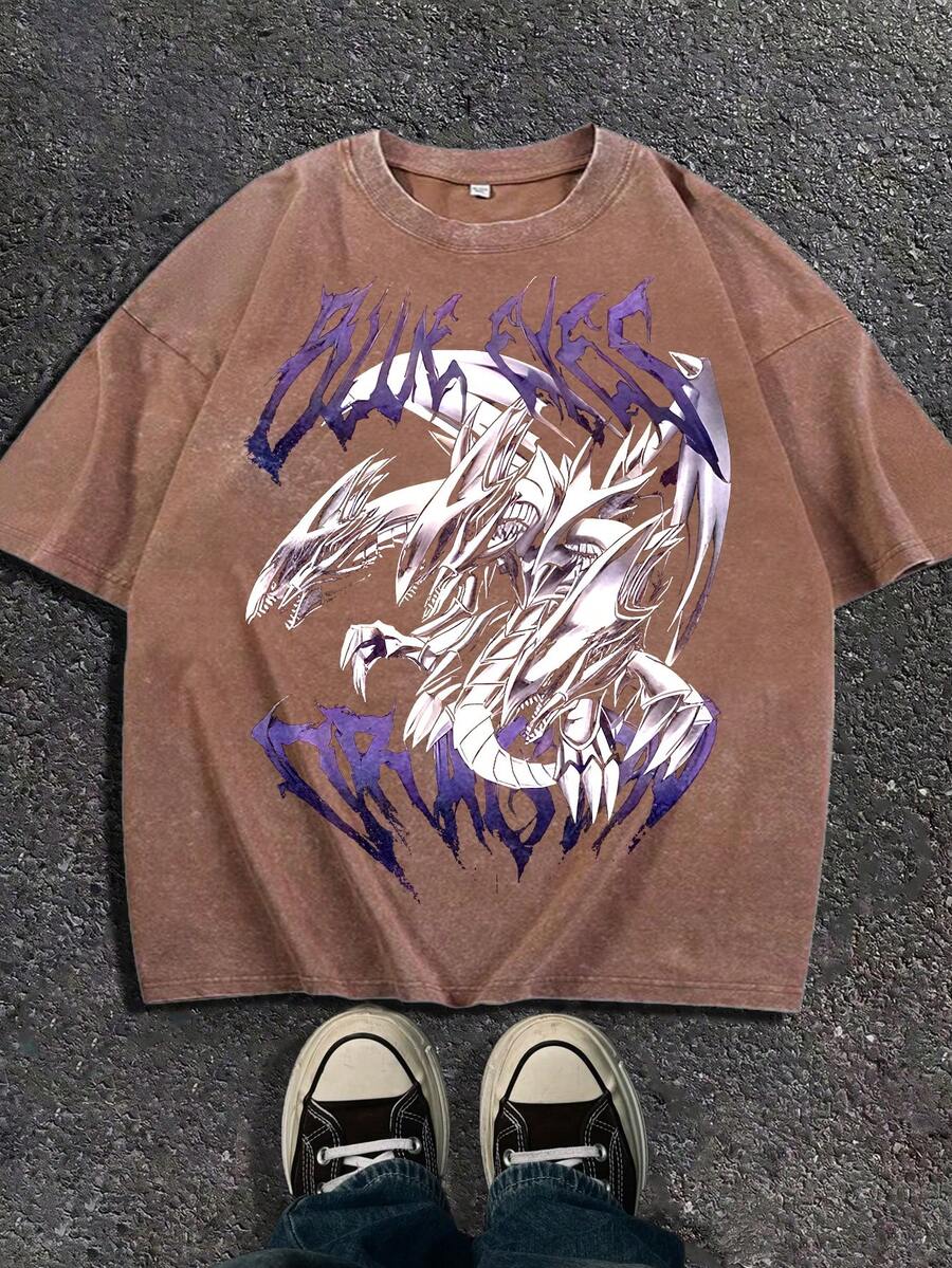 Men Fall Clothes/Fall Clothes For Women Classic Anime White Dragon Pattern Printed Pure Cotton Washed Printed T-Shirt - A Soft And Comfortable Casual Washed T-Shirt With Bold Explosive Artistic Design, Short Sleeves, 100% Cotton, Men Fall Clothes/Fall Clothes For Women/Halloween Is Perfect For Home And Casual Wear - DG004 - Cà phê nâu - Xem 1