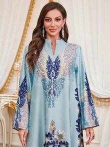 Đầm dài tay cổ chữ V đính cườm, in họa tiết jacquard, kiểu dáng cổ điển thanh lịch thường ngày dành cho nữ dịp Eid Al-Fitr & Eid Al-Adha, thích hợp cho mùa xuân. - Màu xanh nhạt - Xem 4