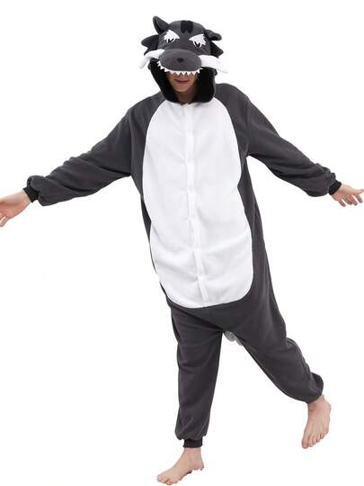 Unisex Big Bad Wolf One-Piece Pajamas Hooded Cartoon Jumpsuit Fall Winter Christmas Animal Cosplay One Piece Pajamas, Funny One Piece Outfit For Halloween Party