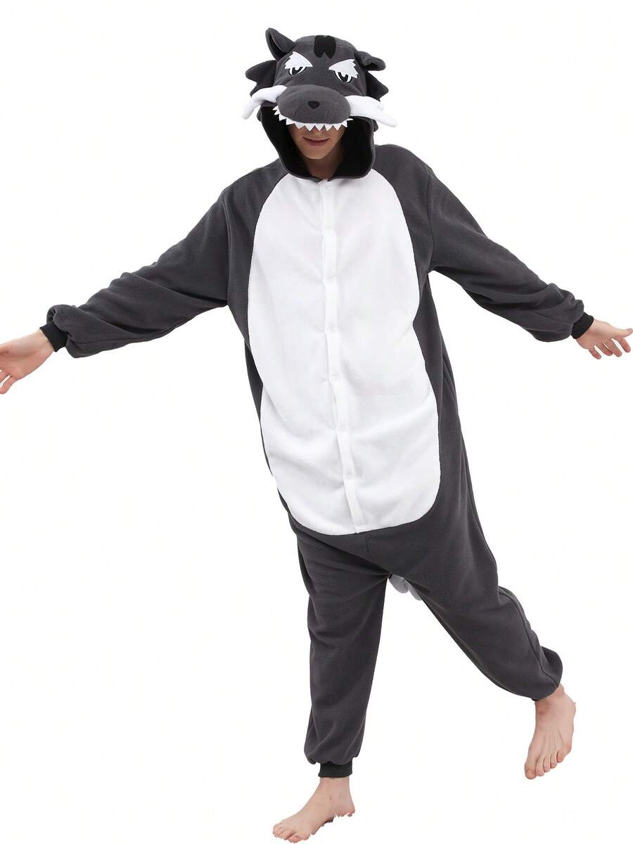 Unisex Big Bad Wolf One-Piece Pajamas Hooded Cartoon Jumpsuit Fall Winter Christmas Animal Cosplay One Piece Pajamas, Funny One Piece Outfit For Halloween Party - 深灰色 - 查看 1
