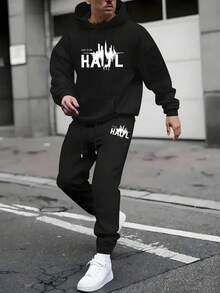 2pcs Men's Casual HAUL Letter Print Tracksuit - Long Sleeve Hoodie And Elastic Waist Pants With Pockets - Breathable Polyester For Spring/ Fall - 黑色4 - 查看 1
